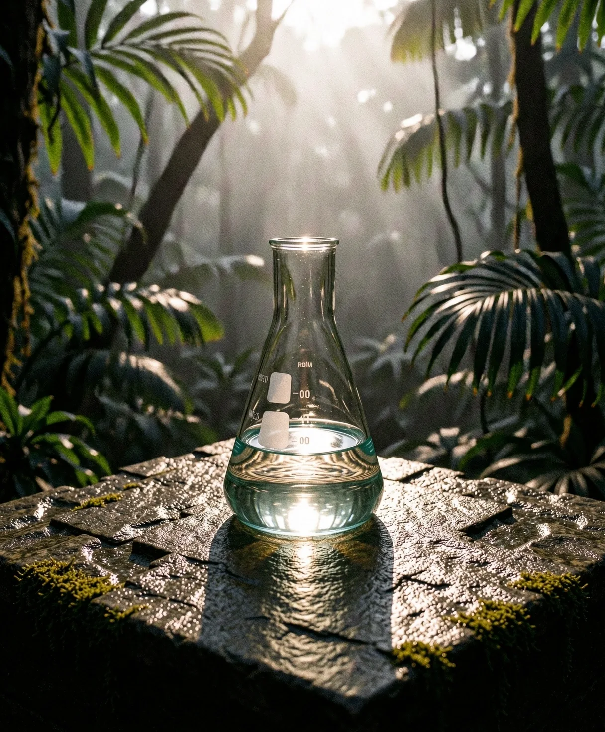 Laboratory glass in a misty forest